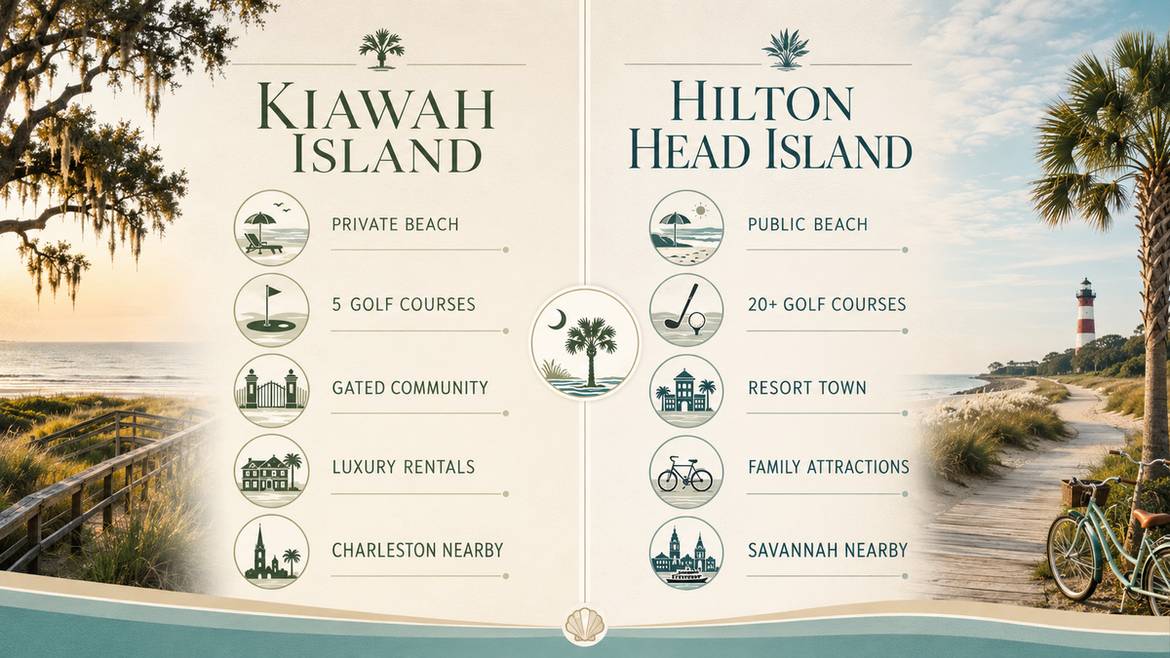 Side-by-side comparison of Kiawah Island and Hilton Head Island