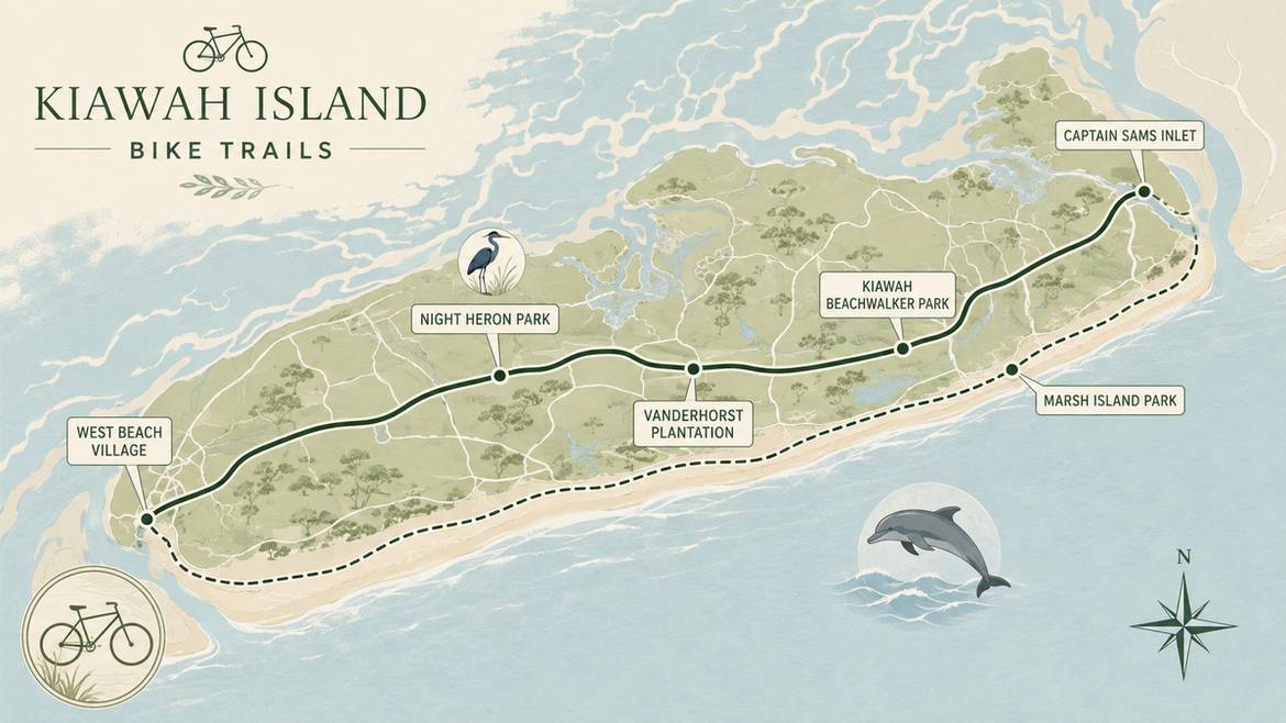 Illustrated map of the Kiawah Island bike trail network showing beach, marsh, and parkway routes